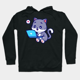 Cute Cat Working On Laptop Cartoon Hoodie